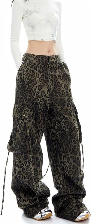 CUTEGAL Leopard Jeans Y2k Aesthetic Baggy Cargo Pants High Waisted Cheetah Print Jeans for Women