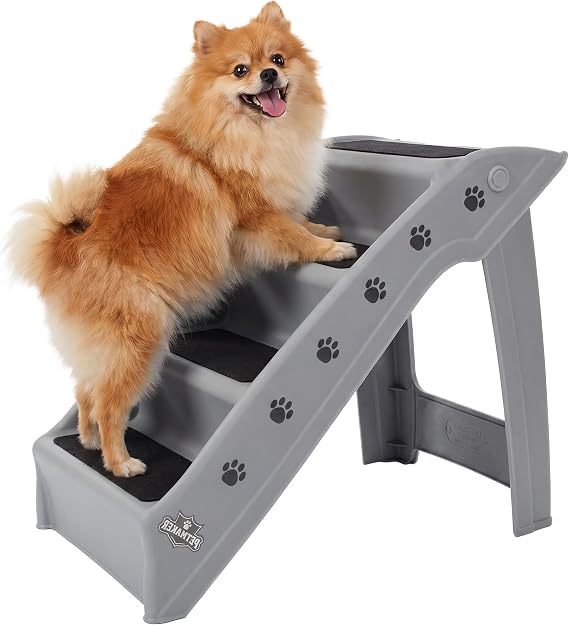 PETMAKER Lightweight Durable Plastic Dog Stairs, Gray, 23.25 x 15 x 19 | Foldable Pet Stairs with 4-Step Design for Bed, Couch, Car, Pet Steps with Non-Slip Carpeted Pads for Small Dogs and Cats