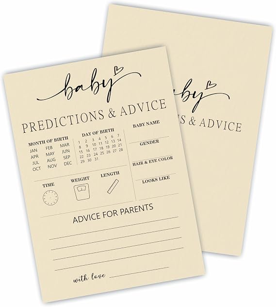 Baby Shower Predictions & Advice Game Kit - 30 Minimalism Cream-Colored Double-Sided Fill in Game Cards, Gender Reveal Party & Activity For Boys And Girls - Baby Shower Party Supplies - A13