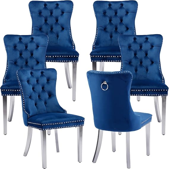 Velvet Dining Chairs Set of 6, Tufted Upholstered High Wingback Chairs with Nailhead Trim & Pull Ring, Silver Stainless Steel Legs for Dining Room, Sillas de Comedor, Blue
