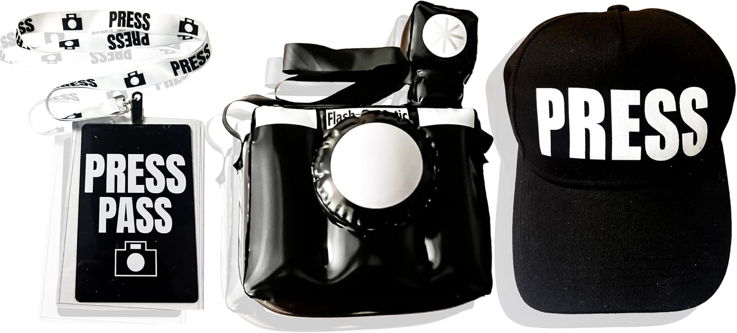 Paparazzi Costume Kit | Paparazzi Costume Props | Pretend Paparazzi Camera Kit | Includes Paparazzi HatPress PassCamera | 3Set | Adult