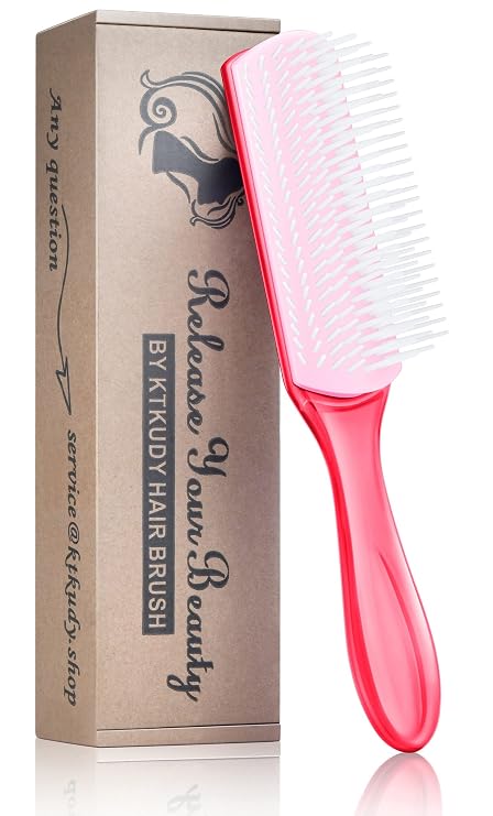 KTKUDY Curl Defining and Shaping Brush - 9 Rows for Separating and Finishing Thick, Wavy, Curly or Coily Hair (Pink) | Removable rows adjust tension, Firm nylon pins, Gentle detangling, Frizz control, Easy to clean, For wavy, curly & coily hair