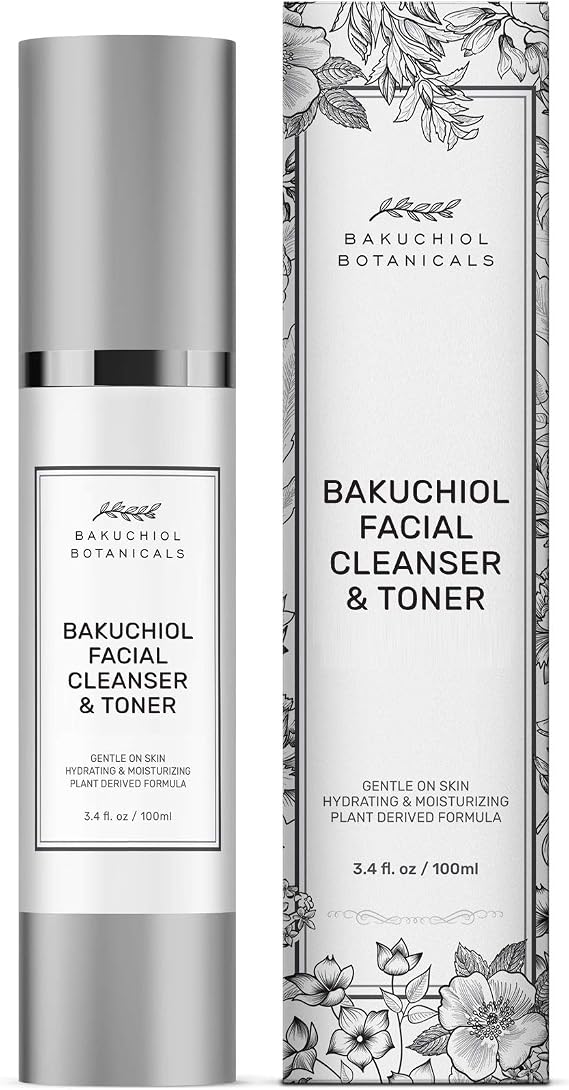 Bakuchiol Botanicals Skin Cleanser & Toner - pH Balanced - Effortlessly Removes Makeup - Gentle On Sensitive Skin - Brightens & Evens Skin Tone - Firms, Tightens & Hydrates - Spa Quality - 3.4oz