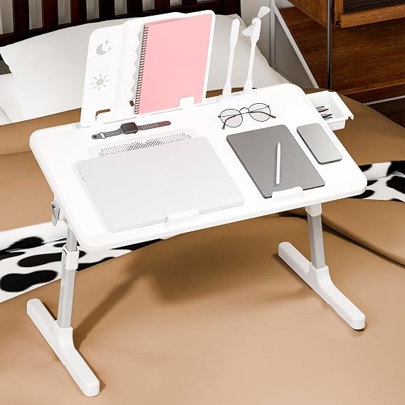 Laptop Desk,Laptop Lap-Desk,Adjustable Laptop Bed Table with Light Fan, Folding Laptop Desk for Bed with USB, Bed Desk with Storage Drawer Working Reading Writing, Eating, Watching Movies Gr
