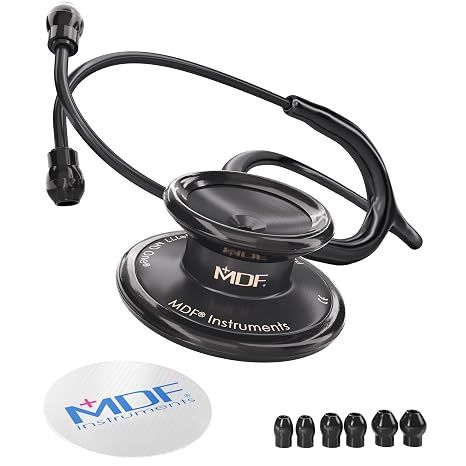 MDF Instruments, MD One Stainless Steel Premium Dual Head Stethoscope, Adult, Black Tube, Black Chestpieces-Headset, MDF777BO