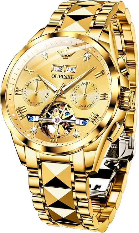 OUPINKE Mens Automatic Watches Diamond Skeleton Self Winding Luxury Dress Wrist Watch Sapphire Crystal Tungsten Steel