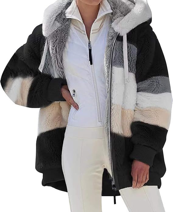 Womens Contrasting Lamb Wool Padded Coat Autumn and Winter Loose Plush Multicolor Hooded Jacket Women