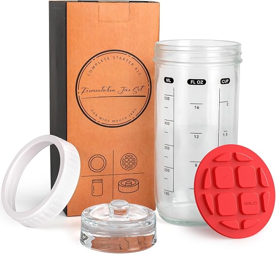 Fermentation Kit with Mason Jar - Fermenting Lids & Glass Weight Set | Easy vegetable fermenting starter set with burping lids for pickles, sauerkraut & probiotics; great starter set.