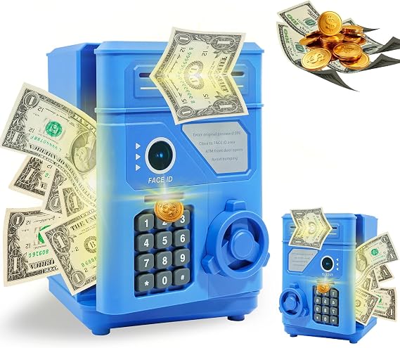 ATM Piggy Bank for Boys Girls, Mini ATM Coin Bank Money Saving Box with Password, Kids Safe Money Jar for Adults with Auto Grab Bill Slot, Great Gift Toy Bank for Kids(Blue)