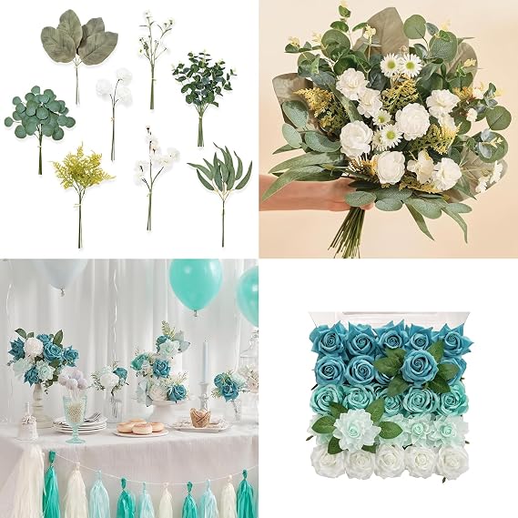 TINGE TIME Artificial Flowers 25pcs Teal Green Rose and 41pcs 8 Kinds Fresh Green Greenery for Wedding