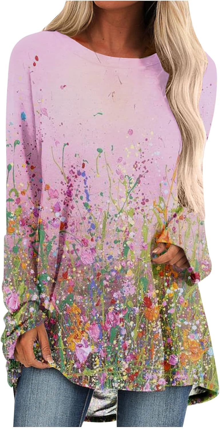 Vintage Floral Print Pullover Tops for Women Casual Long Sleeve Tunic Sweatshirt Crew Neck Flowy Pleated Loose Hem Shirt