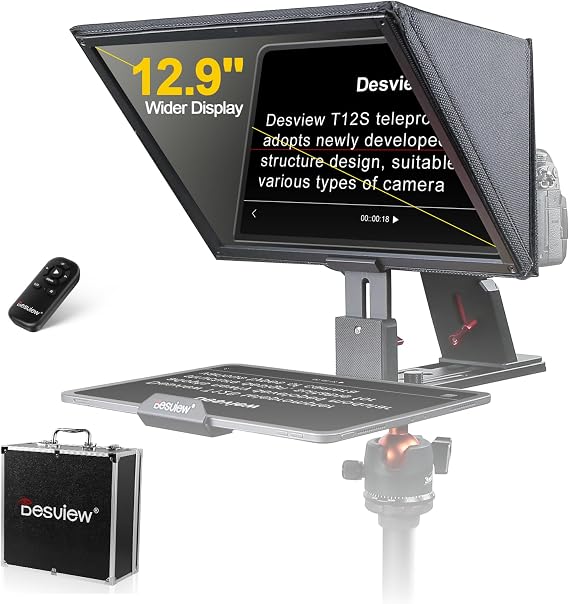 Desview T12 Adjustable Teleprompter with 12.5 inch HD Tempered Optical Glass Support Wide Angle Camera Shooting with Remote Control for iPad Tablet Smartphone Studio Making Video Live Streaming