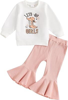 Toddler Baby Girls Fall Clothes Western Cowgirl Outfit Lets Go Girls Sweatshirt and Ribbed Flare Pants Set