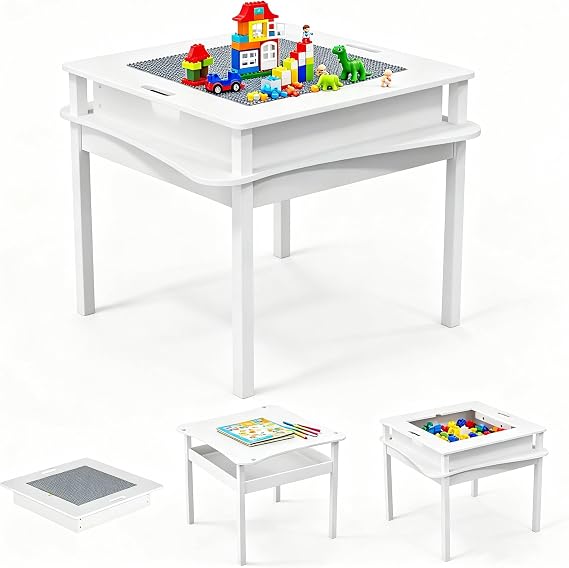 JOYMOR 3 in 1 Kids Activity Table, Kids Construction Play Table with Storage, Crafts & Play for Toddler Ages 3-8, White