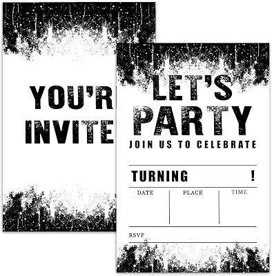 Black And White Ink Birthday Party Invitation Cards For Girls Boys Kids, Lets Party Supplies Favors, 20 Fill-In Invitation Cards with Envelopes -34