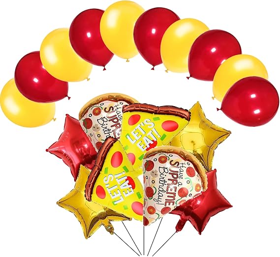 18PCS Pizza Foil Balloons Pizza Mylar Foil Balloon with 10PCS Latex Balloons for Pizzaria Themed Birthday Decorations Supplies