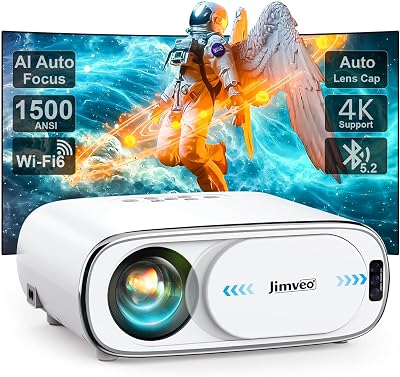 Projector [AI Auto FocusAuto Lens Cap] Outdoor-Projector-4K with WiFi 6 and Bluetooth: 1500 ANSI Portable Projector with Auto 6D Keystone & Zoom, Jimveo Native 1080P Movie Proyector 2025 Upgraded