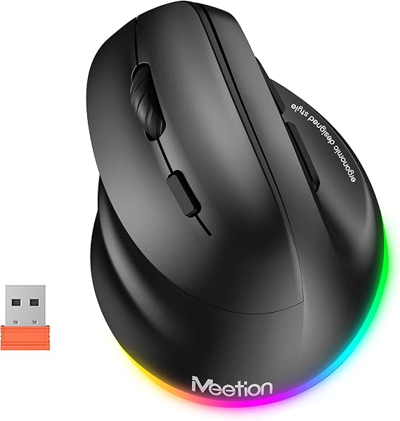 MEETION Left-Handed Ergonomic Mouse, Vertical RGB Design, Black for Left