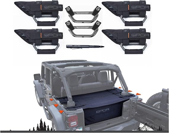GPCA JK Wrangler Accessories Combo Pack for 2007-2018 JKU Wrangler 4 Dr. Includes Rear Trunk Cover PRO, Tailgate Cover, 4 Jeep Handles for roll Bars, 2 GP BackGrip, 2 Survival G1 Pen, 9-PC Bundle