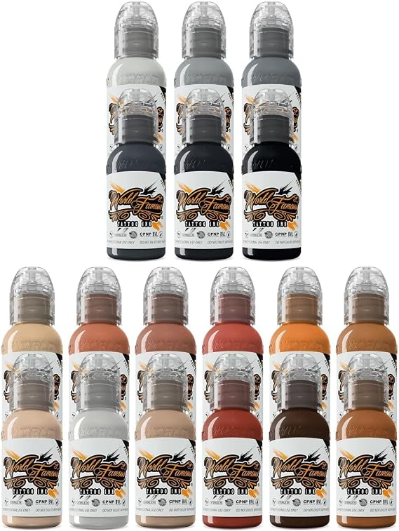 World Famous Tattoo Ink Bundle with Skin Tone Color Tattoo Kit (1 oz Each) & Poch Monochromatic Tattoo Kit of 6 Tattoo Ink (1 oz Each) - Professional Tattoo Ink - Skin-Safe, Vegan & Non-Toxic