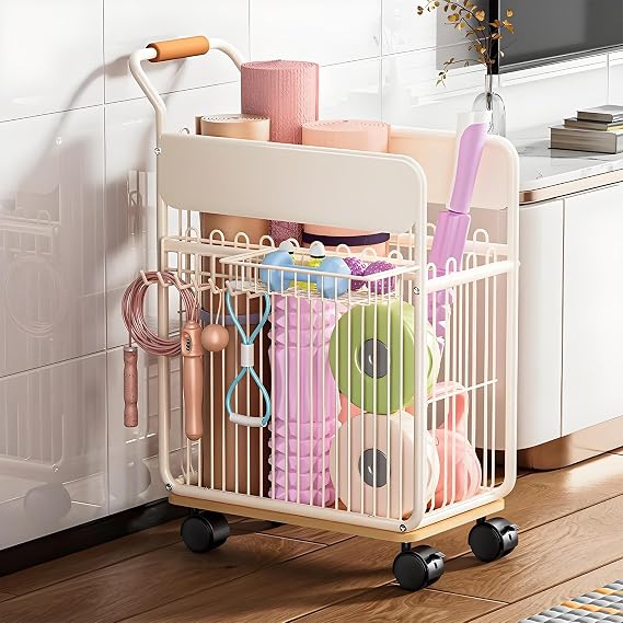 Yoga Mat Storage Rack with Wheels, Home Gym Organizer for Yoga Mats Foam Rollers Dumbbells Towels, Metal Rolling Workout Equipment Storage Rack with Handles and Basket (White, 201124 in)