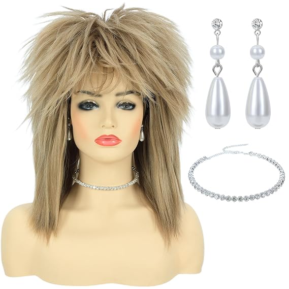Bettecos 80s Womens Rock Diva Costume Wig with Necklace and Earring for Women Big Hair Blonde 70s 80s Rocker Mullet Wigs Glam Punk Rock Rockstar Cosplay Wig for Halloween Party (Light Blonde)