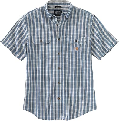 Carhartt Mens 104625 Loose Fit Midweight Chambray Short Sleeve Plaid Shirt - Small - Jay Blue