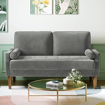 Vesgantti Small 2 Seater Sofa Grey, Comfortable Sofa with Spring Cushion, Velvet Sofa with Wooden Legs, Modern Love Sofa, 2 Seater for Living Room, Small Sofa for Bedroom, Grey Office Sofa