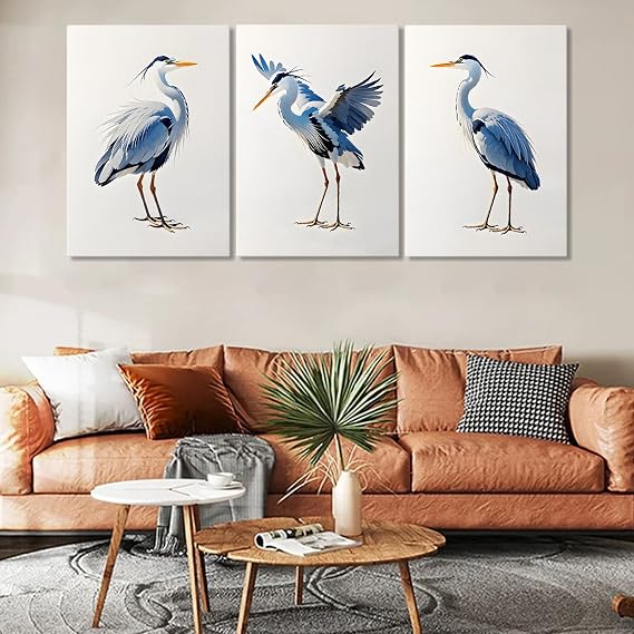 Hotuijxca Blue Heron Bird Canvas Wall Art, Blue Herons Canvas Painting, Heron Bird Wall Painting for Living Room, Bedroom, Office (12" x 18" x 3 pcs)