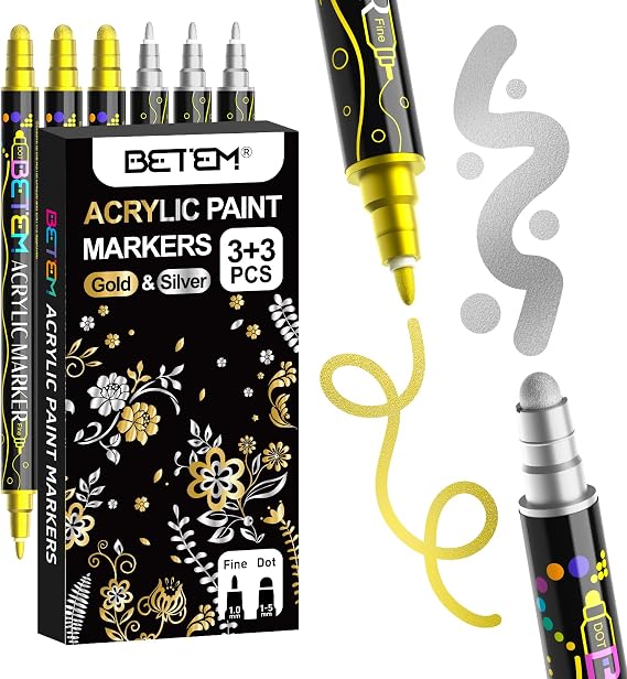 Betem 6 Gold&Silver Dual Tip Acrylic Paint Markers, Fabric Decorating Kits Premium Water-Based Acrylic Paint Pens Art Supplies for Fabric, Rock, Wood, Glass, Canvas, Ceramic, Teacher Appreciation Gift