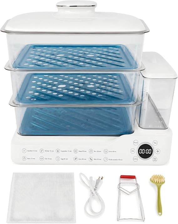 24L Food Steamer, 3-Tier Vegetable Steamer,1.5L Removable Tank | 24L total capacity Steamer Basket, 3 stackable tiers steamer for cooking, 800W heating, delay start, and keep warm