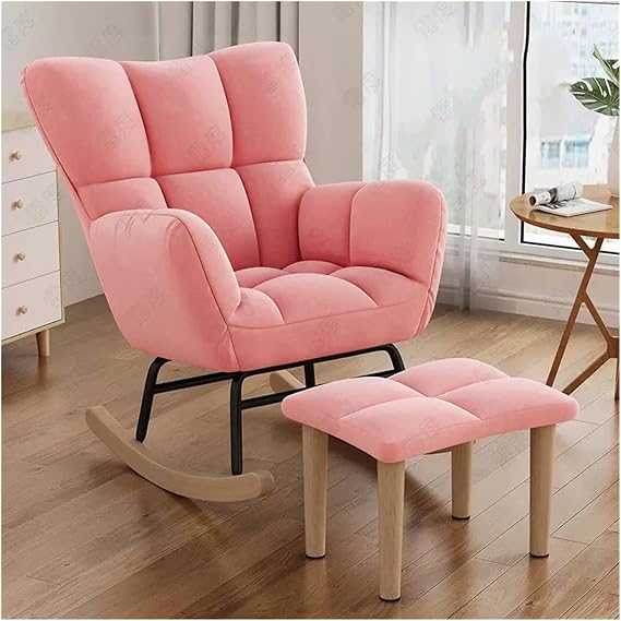Modern Accent Rocking Nursery Chair Glider Chair with Foot Stool,Tufted High Wingback Leisure Rocker Recliner Chair with Upholstered Comfy Cushion,for Living Room/Bedroom (Pink)