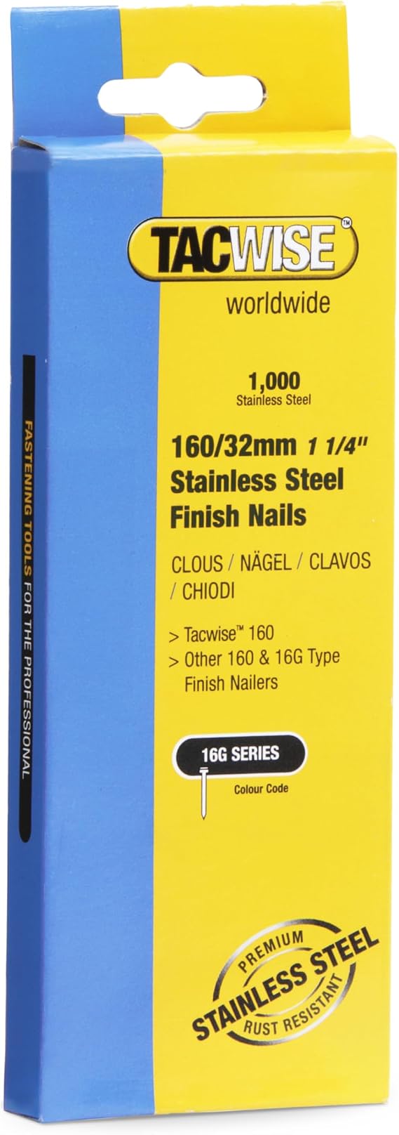Tacwise 1096 Type 16G / 32 mm Stainless Steel Finish Nails, Pack of 1000