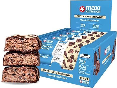 MaxiNutrition Classic Protein Bar Chocolate Brownie 16 x 40 g - Protein Bar with 50% Protein 20 g Protein per Bar Low Sugar (0.2 g) No Added Sugar No Artificial Flavours/Dyes