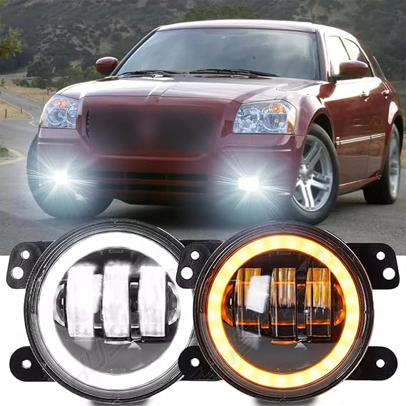 CHUSYYRAY 4 Inch Round Fog Light Assembly Compatible with Dodge Magnum Fog Lights Assembly 2005 2006 2007 2008, Front Bumper DRL Amber Turn Signal LED Fog Lamps, 6000K Super Bright, Pack of 2