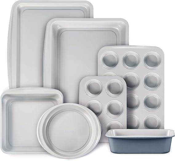 CAROTE 7-Piece Nonstick Stackable Baking Pans Set - Bakeware Sets Including Cookie Sheets for Baking, Muffin Pan, Bread Pan, Cake pan, Loaf Pan, Roasting Pan, Gray & Blue