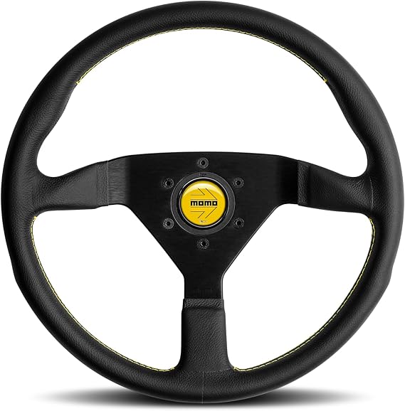 MOMO Motorsport Montecarlo Street Steering Wheel, Black Leather Grip, Brushed Black Anodized Spoke Finish, Yellow Stitching, 350mm - MCL35BK5B