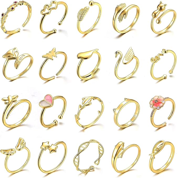 TAMHOO 20 Pcs Adjustable Rings Set for Women - Finger Rings Pack Stackable Rings for Teens- Cute Rings for Teen Girls -in Gold and Silver Tone