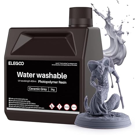 ELEGOO Water Washable 3D Printer Resin, Ceramic Grey 2000g, Fast Curing, Easy Cleanup with Water, Smooth Finish & High Precision 405nm UV Resin for LCD/MSLA 3D Printing | Ceramic Grey 2KG, Easy Cleanup with Water, no IPA needed, low odor, for Saturn, Jupiter, Mars, Photon Resin 3D Printers