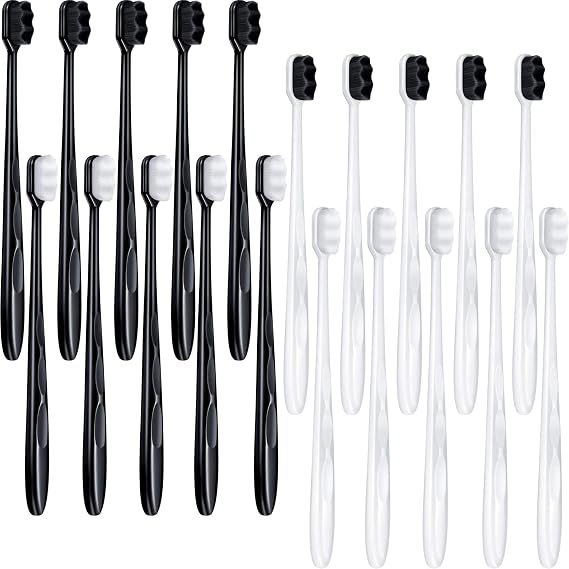 Patelai 20 Pieces Extra Soft Toothbrush Micro Nano 20, 000 Bamboo Charcoal Bristles Toothbrush Soft Bristle for Fragile Oral Teeth Recession, Black and White