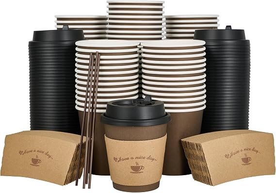 LITOPAK 100 Pack 10 oz Coffee Cups with Lids, Brown Disposable Coffee Cups