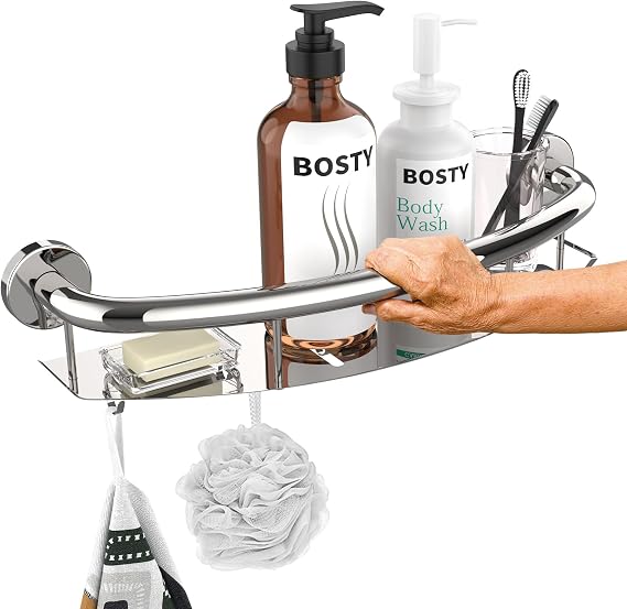 Chrome Grab Bar with Storage Shelf, Grab Bar for Bathtub and Shower