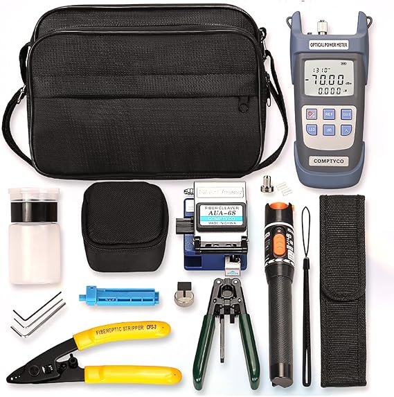 Fiber Optic Termination Tool Kit with FC, 9 in 1 Assembly FTTH Tool Kit, Optical Power Meter Finder, Visual Fault Locator, Cable Cutter Stripper, Optical Pliers