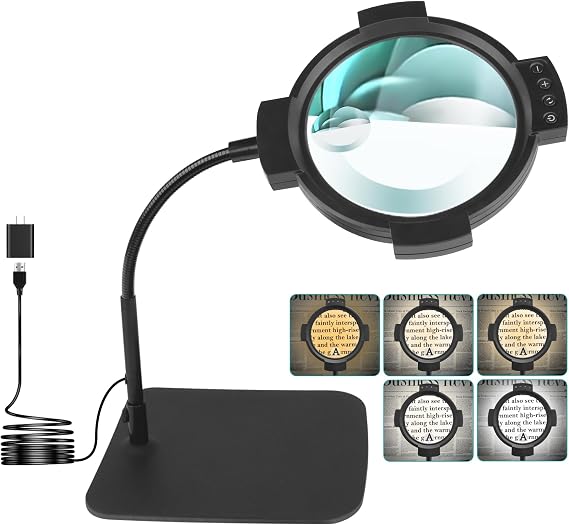 30X 10X Magnifying Glass with Light & Stand, 54 LED Lighted Desk Lamp, 5 Colors, 3 Levels Dimmable, Hands-Free Flexible Gooseneck for Craft, Hobby, Painting, Sewing, Close Work