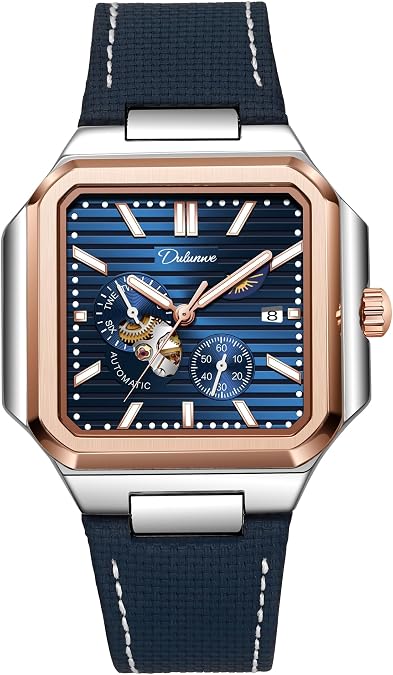 Automatic Hollow Watches for Men Square Skeleton Watch Stainless Steel/Leather Self- Winding Mechanical Watch Moon Phase Run Seconds Timer Waterproof Luminous Wristwatch