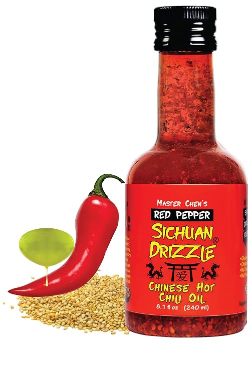 Sichuan Drizzle Chinese Chili Oil - Condiment & Ingredient, Premium EVOO, Toasted Sesame Oil and Hot Chili Flakes. Rice & Noodles' Condiment, Soups' Drizzle, Vegan, Gluten-Free & Paleo.