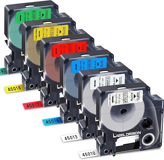 Label Printer Paper Tape compatible with Dymo D1 45010 45013 45016 45017 45018 45019 for LabelManager 160 280 210D 420P, 12 mm x 7 m (1/2 inch x 23 feet), 6 colours