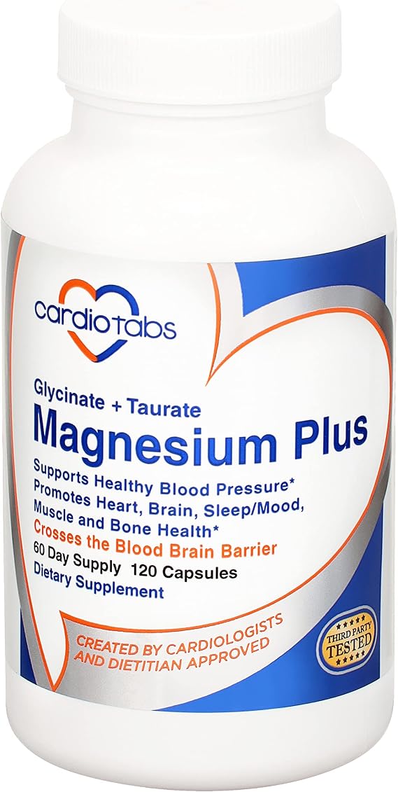 Magnesium Plus 200 mg of Magnesium Glycinate and Magnesium Taurate for Blood Pressure, Heart, Brain, Sleep & Mood Support Highly Concentrated and Well Absorbed - 120 Capsules