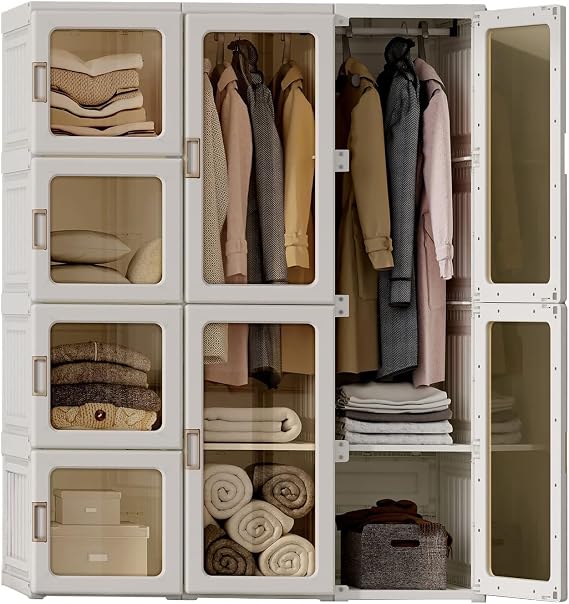 Portable Wardrobes for Bedroom, Foldable Wardrobe Storage Organiser with Hanging Rails, Large Capacity Modular Cabinet Closet Storage Organizer for Clothes Shoes Toys(6 Cubes & 2 Hanging Rod)