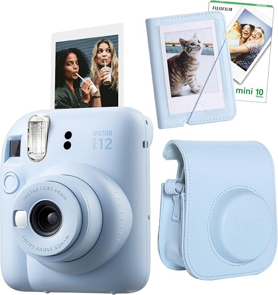 Instax mini 12 Lilac Camera-10-Piece Film-Mini Album and Leather Case Set (Blue)